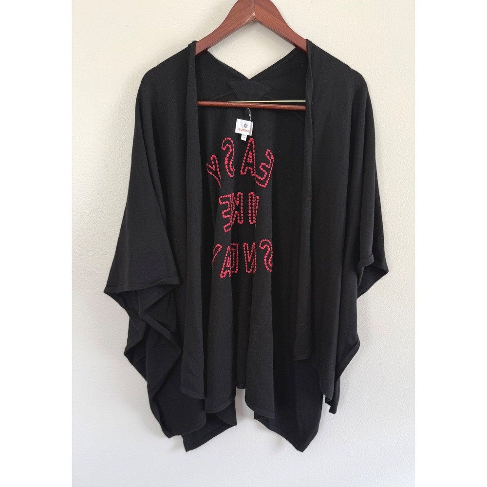 SUNDRY Women's "Easy Like Sunday" Black Wool Blend Embroidered‎ Wrap Poncho OS